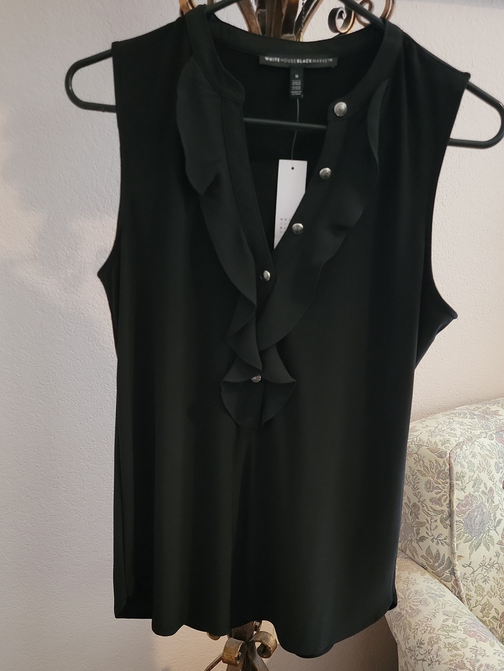 White House Black Market Black Ruffle-Front Sleeveless Top